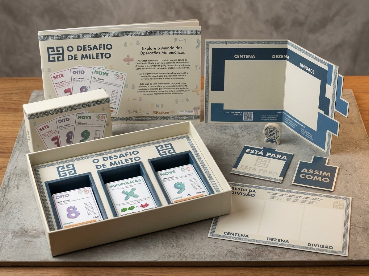 Kit do jogo O Desafio de Mileto: caixa, cartas, manual e tabuleiros