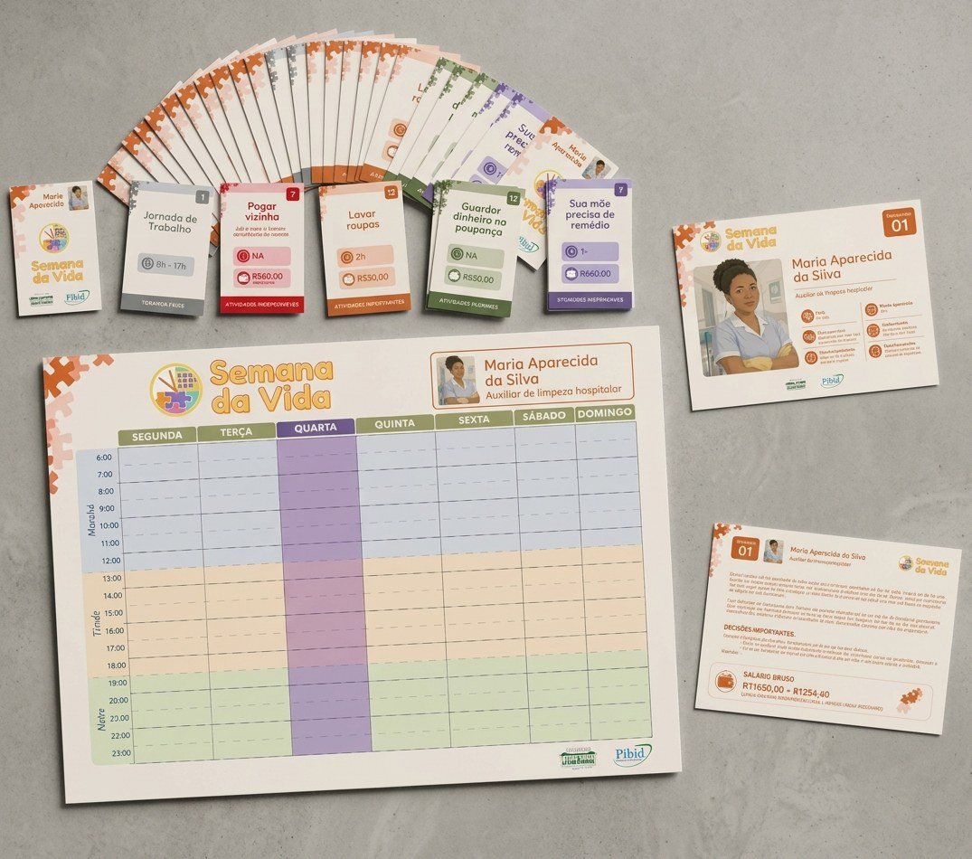 Kit do jogo Semana da Vida: tabuleiro semanal, cartas de atividades e ficha da personagem