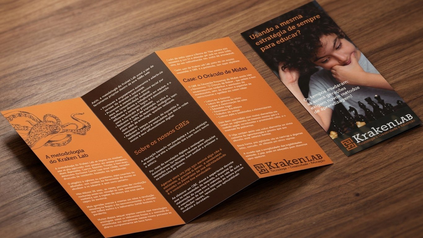 Folder e flyer com a identidade visual da Kraken Lab